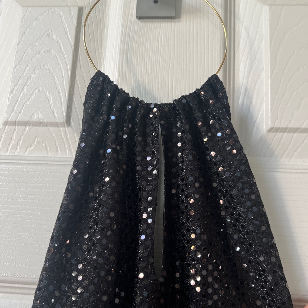 XOXO Black Sequin Halter Top, Gold Necklace Holder, Lined Front, Sheer Back - Picture 6 of 6